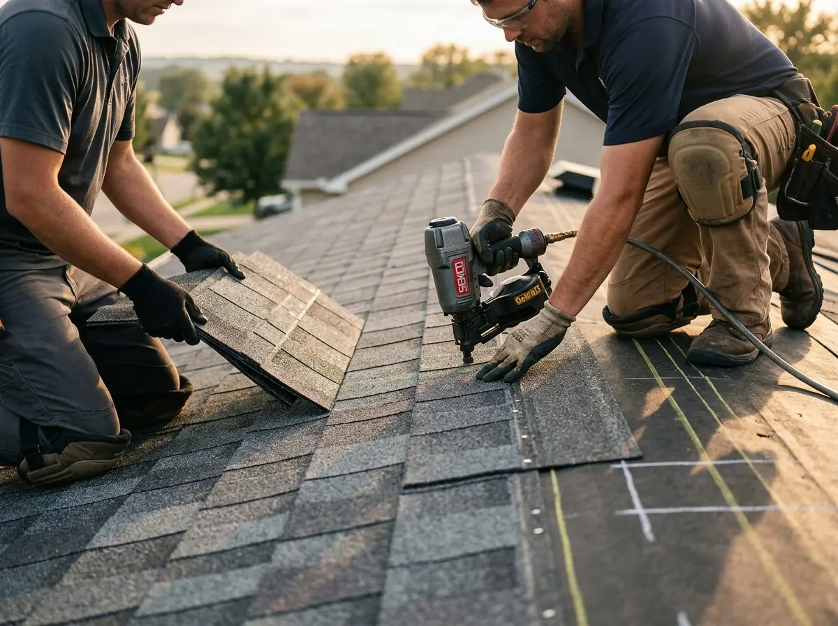 Professional roofer working on a residential roof in Oak Hills